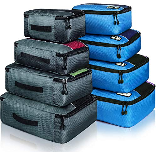 Packing Cubes Luggage Bags Organizer Durable Travel Accessories With Clothing Label, 8 set - Grey/Blue, 17.3 x 12.5 x 4.5