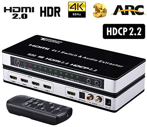 Tendak HDMI Switch 2.0 4 Ports HDMI Commutateur 4K HDMI Répartiteur HDMI 4 en 1 avec Optique et L/R Audio Extracteur avec Télécommande Supporte 4K@60Hz UHD HDCP 2.2 Arc 3D