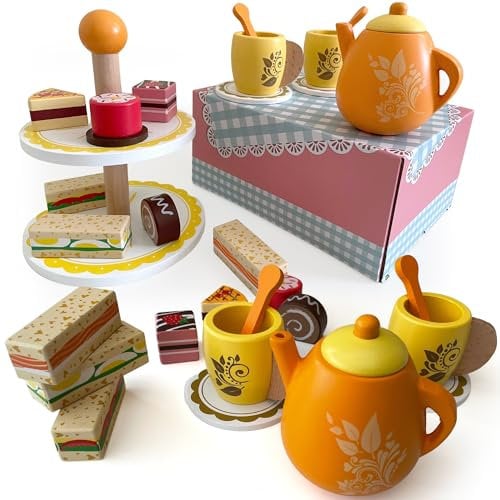 Juego de Té de Madera - 17 Piezas | Juego de Té de Tarde para Niños con Pastel, Soporte, Tetera, Comida y Accesorios | Juego de rol y Juego Imaginativo | Regalos de Cumpleaños para Niños o Niñas