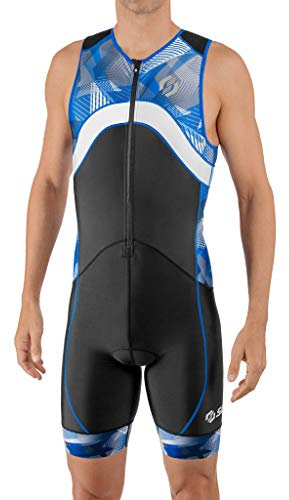 SLS3 Triathlon-Anzüge für Herren – Premium FX Tri-Anzug für Herren, Triathlon-Anzug – ärmelloser Triathlon-Anzug für Herren, große Gesäßtasche (Black/Blue Geo, S)