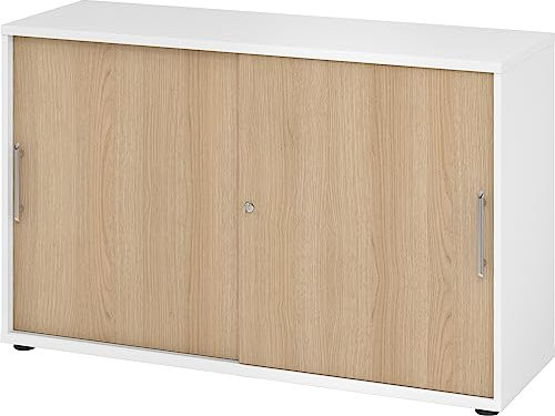 bümö Schiebetürenschrank 2OH - Aktenschrank abschließbar, Sideboard Schrank mit Schiebetüren in Weiß/Eiche, Relinggriff - Büroschrank aus Holz mit Schiebetür, Büro Kommode für Ordner & Co.