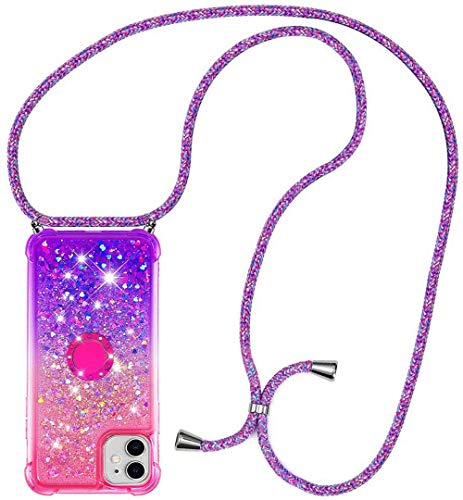 HongMan Handykette Hülle für iPhone 11 Pro - Quicksand Glitzer Hülle mit Band - Silikon Handyhülle mit Kordel Umhängenband - Schnur mit Treibsand Case zum Umhängen,Pink + Lila