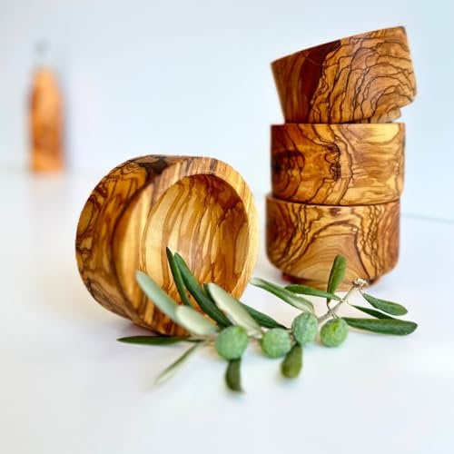Juego de 4 cuencos de madera de olivo, cuencos de madera hechos a mano para frutas variadas, cuencos de madera de estilo rústico, tamaño 10 cm