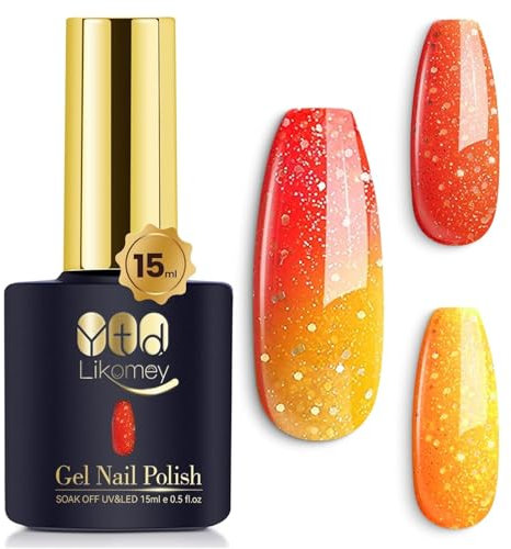 YTD Likomey UV Nagellack Farbwechsel Thermo Farbgel,15ml Orange gelber Glitzer Chamäleon Shellac Nagelgel UV/LED Color Change Herbst Winter Gellack,WB01