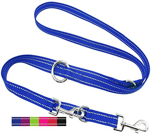 DEY - Premium Hundeleine Nylon 2m | Reflektierend | 3fach Verstellbar | für Kleine, Mittelgroße u. Große Hunde | viele Farben |Doppelleine Hund | Schleppleine | Führ-Leine | Welpenleine | Blau, M