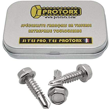 Vis Autoforeuse Metal M6,3 x 25mm : Boite 10 Pcs Visserie Inox pour Ecrou Rondelle | Vis Autoperceuse Pour Metal Tete Hexagonale a Embase Acier A2 - DIN 7504 K | Boite Rangement Vis PROTORX