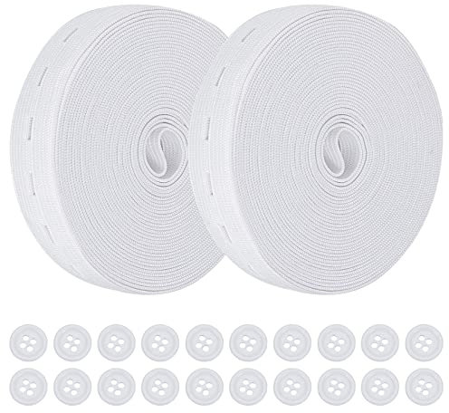 GORGECRAFT Banda Elástica Blanca de 11 Yarda con Ojales, Bandas de Punto Elásticas de Alta Elasticidad, 2 Rollos de Bandas con Agujeros de 0.8 Pulgadas, Carrete de Cuerda de Goma con 20 Botones