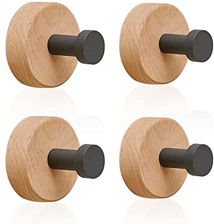 Funnytek Adhesive Wood Coat Hooks - 4 Pack Beech Wood Wall Natural Rustproof Coat Rack Adhesive Hooks for Wall, Towel Hooks for Hanging Coats, Hats, Bags, Keys (Style C)
