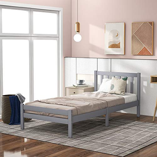 Merax Grey Solid Wooden Bed Frame - Single 3ft Bedroom Furniture for Adults, Kids, Teenagers - 90 x 190 cm