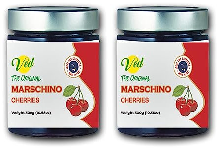 Ved Gourmet Original Red Maraschino Kirschen - Italienische Kirsche für Old Fashioned Cocktails - Veganer Cocktail, Bourbon-Kirschen in natürlichem Sirup zum Cocktail-Topping - (600-g-Glas (2er-Pack))