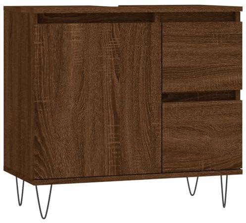 vidaXL Badezimmerschrank, Waschbeckenunterschrank mit viel Stauraum, Badschrank mit Eisenbeinen, Bad Unterschrank Waschbeckenschrank Badmöbel, Braun Eichen Optik Holzwerkstoff