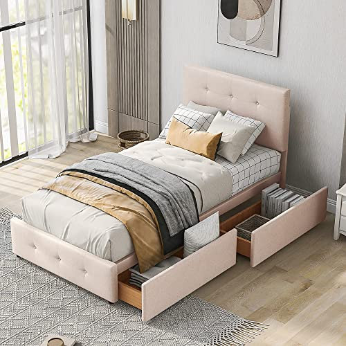 Kehun Polsterbett 90x200 cm, Kinderbett Jugendbett Einzelbett Gästebett mit 2 Stauraum Schubladen und Lattenrost, Stauraumbett mit Kopfteil und Bettkasten, Samt, Dunkelbeige, Ohne Matratze