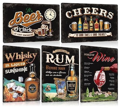 ZDFDC 5er Set Blechschild Retro Bier Bar - Pub Club Metallschild mit Lustig Spruch - Theke Schild Zubehör Geschenk für Partyraum Keller-bar Mann Wanddekoration - DIN A4