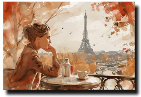 Leinwandbild Coffee in Paris 40 x 60 cm (AUFHÄNGFERTIG) – Romantischer Blick vom Balkon auf den Eiffelturm – Dekoratives Wandbild in Brauntönen für stilvolles Wohnambiente