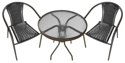 LC Garden »Garvista« Gartentisch Ø60cm rund Metall/Glas klassisches Balkontischset mit Zwei stapelbaren Gartenstühlen und pulverbeschichtetem Metallgestell, Glasplatte in Riffeloptik