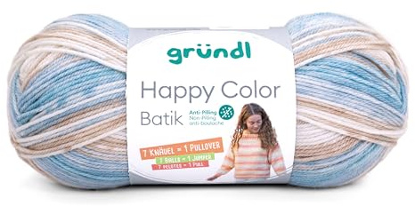 Gründl Happy Color Batik, 100% Polyacryl, Strick- u. Häkelgarn, 100g/250 m LL,empf. NS 4-5 mm, Anti Pilling (06 weiß-ozeanblau-himmelblau-graubeige)