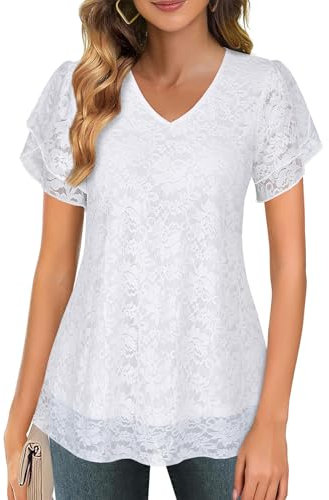 Gemulate Womens Tops V Neck Chiffon Top for Women UK Ladies Tops Ruffle Short Sleeve Blouses Flowy Mesh Tunic Casual T Shirt Ladies Evening Top - White Lace Floral, M
