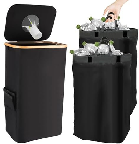 105L Recycling Bin with Lid, Smudge Resistant Rectangular Trash Can for Kitchen Home Deposit Bottle Collector Bins with 2 Inner Bags Bottle Bins for Empties Bottle Glass Waste, 17.3x13x28.74in (Black)
