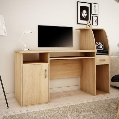 Home Collective Schreibtisch mit 2 Regalen Höhe 112 cm Computertisch Breite 150 cm Laminatplatte für Büro Wohnzimmer oder Jugendzimmer mit geräumiger Arbeitsplatte Regalen und Schublade Sonoma