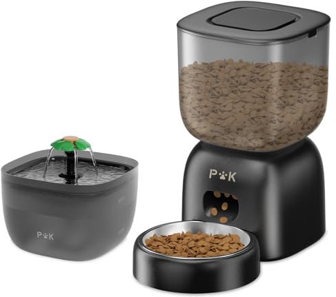 Distributeur Croquettes Chat Automatique et Fontaine à Eau Chat Combo, Autonomie de la Batterie jusqu'à 180 Jours, Enregistrement Vocal 10S, 3L Gamelle Chat Automatique et 2L Fontaine (Black)