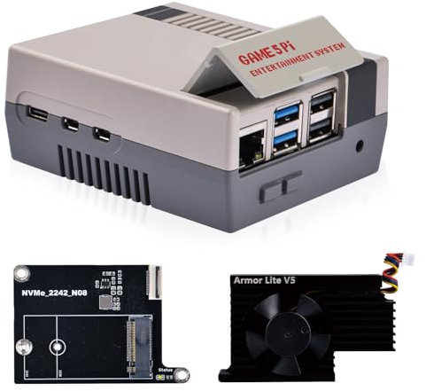 GeeekPi Game5Pi Gehäuse mit M.2 NVMe PCIe Board N08 und Armor Lite V5 Active Cooler für Raspberry Pi 5, Support M.2 NVMe 2230/2242 SSD