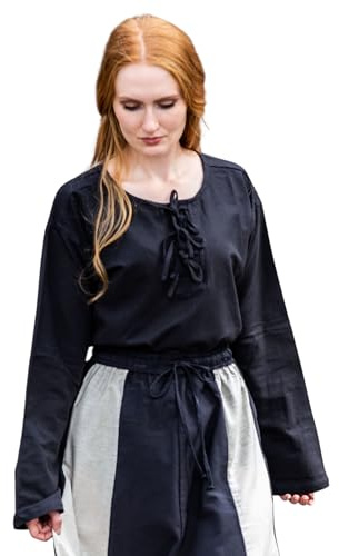 Leonardo Carbone® Damen Bluse Tilda | Schnürung Vorderseite | Mittelalter Design | Karneval, Halloween, Cosplay, LARP, Tunika, Hemd, Oberteil, Kostüm | 100% Baumwolle Schwarz M