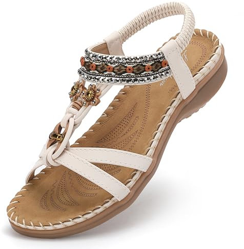 Littleplum Sandalen Damen Sommer Freizeit Flache Sandalette Bohemia Sandals mit Strass Perlen Freizeit Elegant Strand Schuhe,B Weiß 38 EU