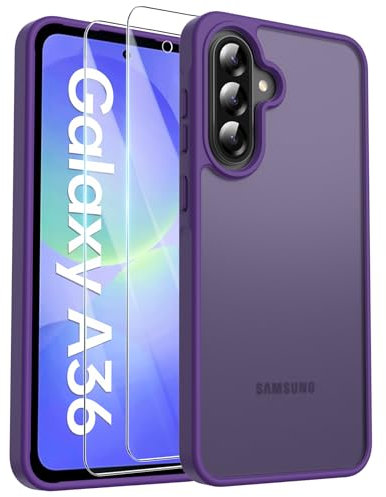 FLLAO Matt Handyhülle für Samsung Galaxy A36 5G Hülle und 2 Schutzfolie, mit Kameraschutz [Militärnorm Schutz] Stoßfest PC Rückseite TPU Bumper Hülle für Samsung Galaxy A36 - Dunkelviolett