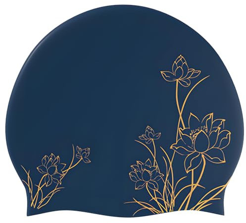 Bonnet de Bain Femme, Bonnet Piscine Femme Cheveux Longs, Bonnet Natation en Silicone Souple pour Adultes, Adolescents, Confortable, Résistant au Chlore, Lotus doré, Taille Unique