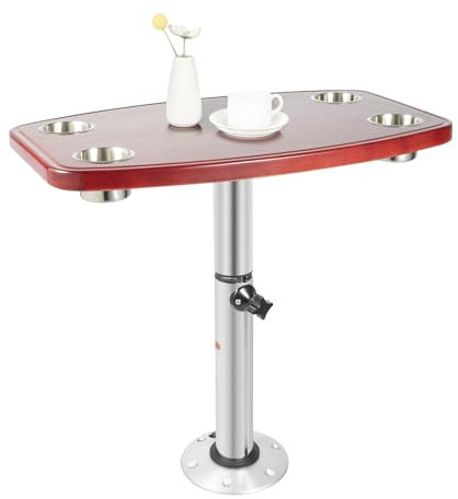 MccoMMon 22''-28'' Caravan Tisch klappbar Eiche Top, Teleskop Marine Caravan Bootstisch, Boot Cockpit Bootstisch mit 4 Getränkehalter und Pedestal, Bootstisch für Caravans