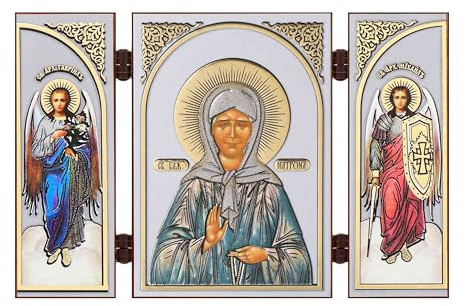 NKlaus Triptychon, Heilige Matrona, Holz, 13x8x0,6cm, christlich, 1 Stück | Als Reisealtar; mit Erzengel Gabriel und Michael, goldener Prägung und Lackschicht