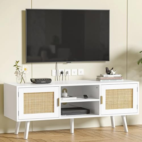 Skokliz TV Unit, 120cm TV Stand Cabinet for TVs up to 55inch | Rattan TV Table with 2 Doors and 2 Open Shelves, Boho Media TV Cabinet for Living Room, Console Table for Bedroom, White