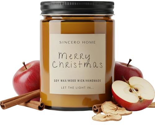 Handgefertigte Sojakerze mit Holzdocht – ökologische handgefertigte Kerze in bernsteinfarbenem Glas – Duftkerze für Weihnachten – Premium-Weihnachtsgeschenk (Apfel und Zimt)