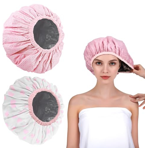 2Pcs Pink Deep Conditioning Hot Oil Hair Treatment Caps, Double Layer, Waterproof Deep Conditioning Hair Cap, Reusable Shower & Steam Caps