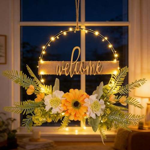 Türkranz Frühling Beleuchtet, Frühlingskranz Haustür mit LED Lichtmit LED Licht Frühlingsdeko Willkommenschild Türkranz aus Metall mit Blumen Blumenkranz mit Lichterkette Willkommen Schild (A)