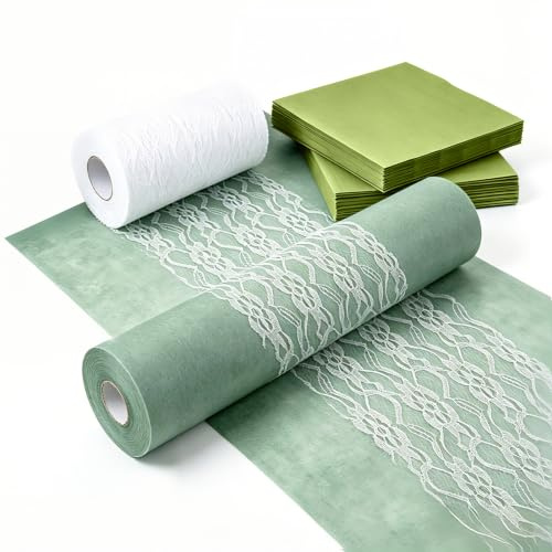 Tischläufer Eukalyptus Grün 30cm×25m + Spitzenband 15cm×22m+ 60 Servietten – Tischdeko Hochzeit Kommunion TaufeKonfirmation, Reißfest & Zuschneidbar