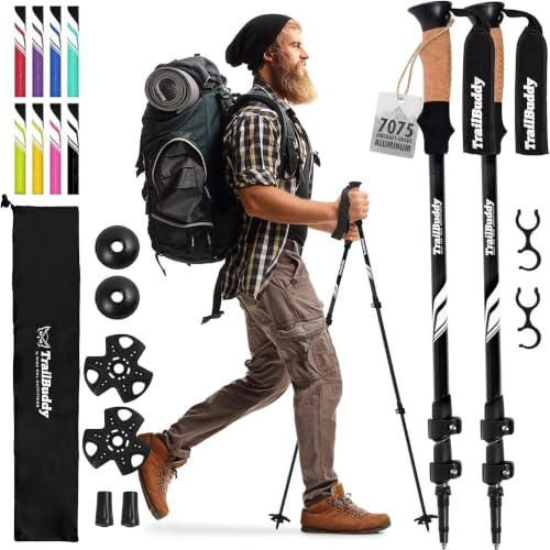 TrailBuddy Walking Poles - Pack of 2 Lightweight, Adjustable Trekking Poles for Hiking, Camping & Backpacking - Walking Sticks w/Cork Grip and Padded Strap