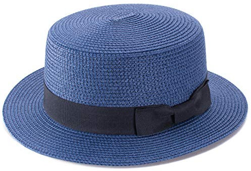Lawliet Lady Boater Sun Caps Ribbon Round Flat Top Straw Beach Hat Summer Hats for Women (Navy Blue)