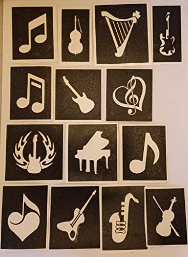 Dazzle Glitter Tattoos 25 x Music Theme Stencils for Etching on Glass Guitar Notes Violin Saxophone Piano Harp
