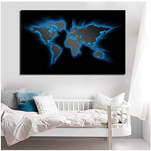 Weltkarte Poster und Drucke Schwarz Unten Blau Beleuchtete Abstrakte Weltkarte Leinwand Malerei Wandkunst Dekor Bild für Wohnzimmer -60x80 cm Kein Rahmen