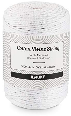3 mm x 300m Natürliche Baumwollgarn Macrame Cord Recycelbar für Makramee Wandbehang,Wandteppichen,Blumenampel,Macrame Garn für DIY Handwerk Stricken Pflanze Aufhänger Boho Deko(Weiß)