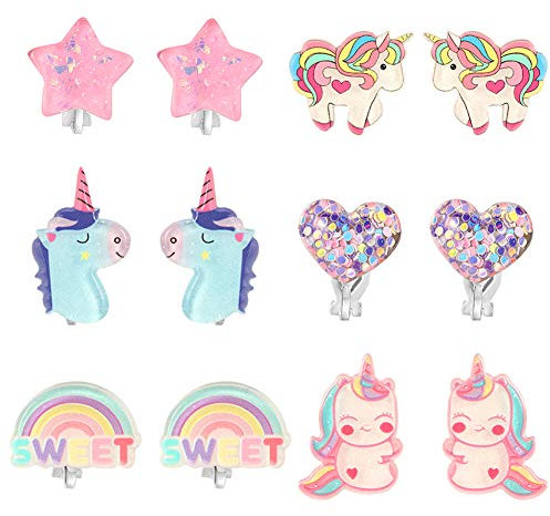 PinkSheep Einhorn Clip On Ohrringe für kleine Mädchen, Bling Earrings Regenbogen Ohrringe für Kinder, 6 Paare, Bestes Geschenk