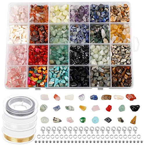 SWAWIS 24 Farben Edelsteine mit Loch, 4-8mm Steinperlen Unregelmäßige Gemstone Chips Beads, Edelsteinperlen Basteln Schmuck Bastelset mit Distanzperlen Bhrhaken Biegeringe Kristalllinie