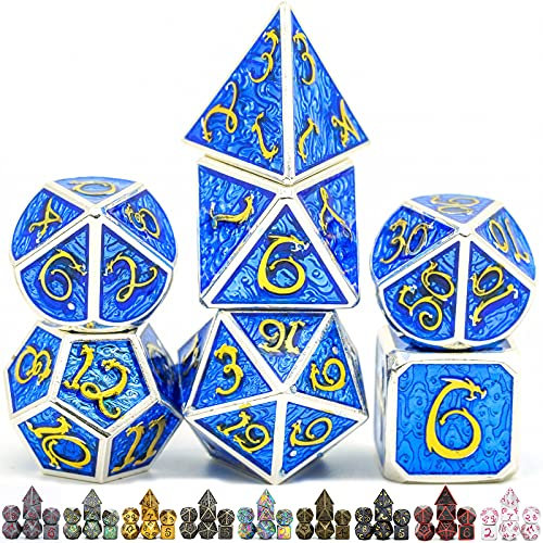 World of Dice Metallwürfel-Set Drachenwürfel - Blue Magic - Pen & Paper Würfel-Set aus Metall, 7-teiliges polyedrisches Set, für Dungeons and Dragons, DSA, Cthulhu, UVM.
