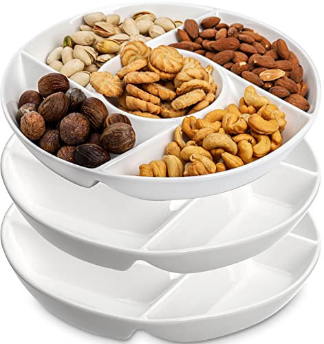 DEAYOU 3 Pack Ceramic Chip and Dip Serving Tray, Porcelain Divided Serving Plate, 10 Decorative Sectional Platter, 5-Compartment Stoneware Appetizer Fruit Dish for Party, Veggie, Snack, Entertain