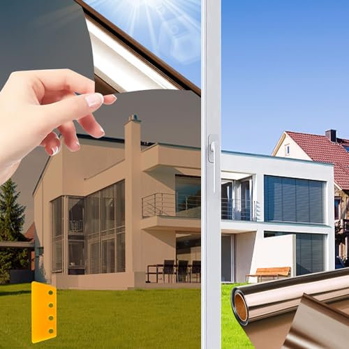 Fensterfolie Sonnenschutz Selbstklebend,NEEMOSI Sonnenfolie Fenster Innen für Wärmeisolierung, 99% UV-Schutz und Sichtschutz, Fensterfolie Blickdicht(Tee-Silber,60 * 400cm