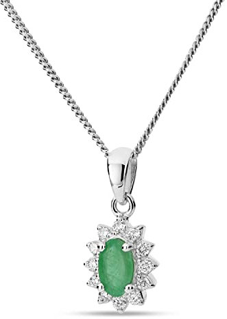MIORE Schmuck Damen 0.07 Ct Diamant Kette mit Anhänger Blume aus Edelstein Geburtsstein natürlicher ovaler grüner Smaragd mit 12 Brillanten klassische Kette aus Weißgold 9 Karat 375 Gold, 45 cm lang