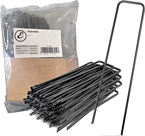 50 Picchetti In Acciaio Non Galvanizzato Robusto Per Telo Pacciamatura Fissaggio Recinzione Giardino Erba Sintetica Ancoraggio Prato Rete Lunghezza 150 mm, 25 mm di Larghezza, Ø 3 mm