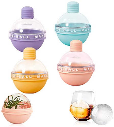 HyzaPhix 4pcs Ice Ball Maker Mold Ice Sphere Molds Bulb Shaped Ice Cube Maker Silicone Round Whiskey Ice Mold with Lid for Cocktail, Bourbon, Scotch, Beer (4pcs)