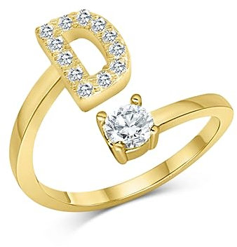 Zelaro Zirkonia Ring mit Initialen Gold Pärchen Ringe für Mädchen Geschenk für Freundin, Freund Ring mit Buchstabe Frauen Ring als Schmuck Ringe zum Jahrestag Verstellbare Ringe in Gold (D)